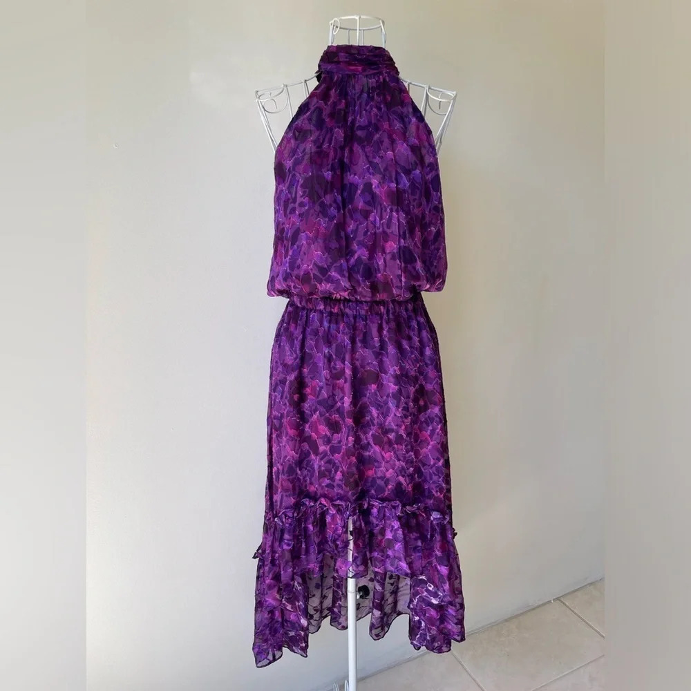 Nwt Ramy Brook Pewter High Neck Midi Dress Silk Viscose Jilted Purple Sz Xs